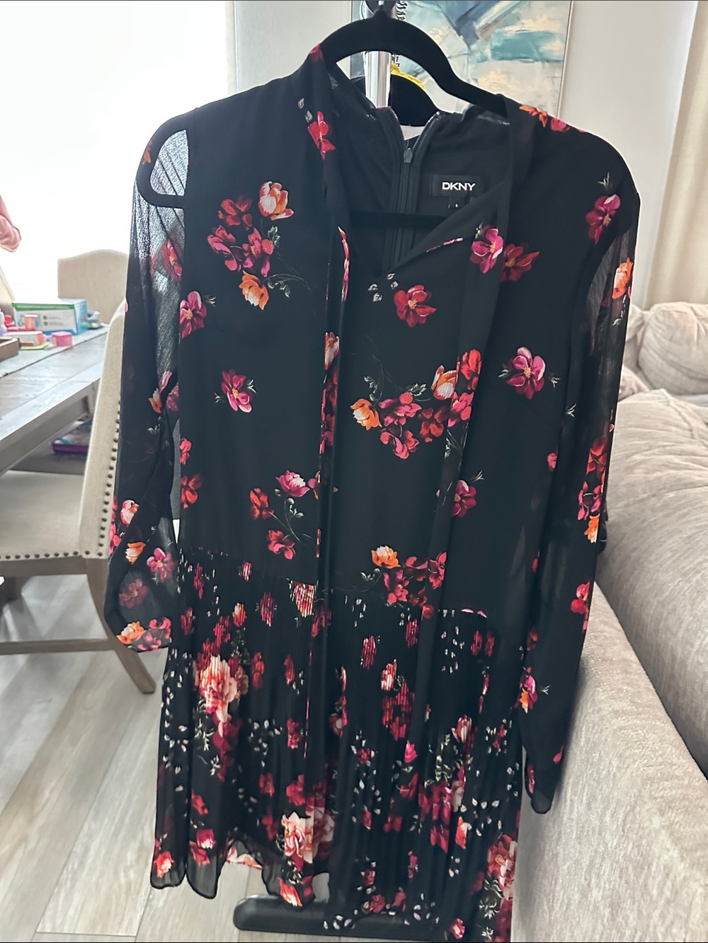 DKNY Black Floral Long Sleeve Tiered Dress with Pink and Orange Blooms